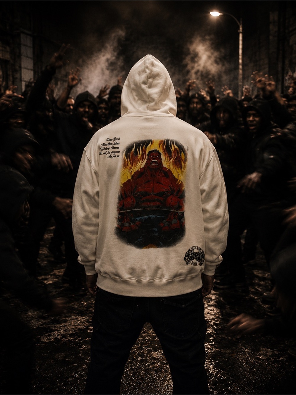 Darc Sport Cream ‘Red Hulk’ Crewneck Hoodie with Red Flame Artwork